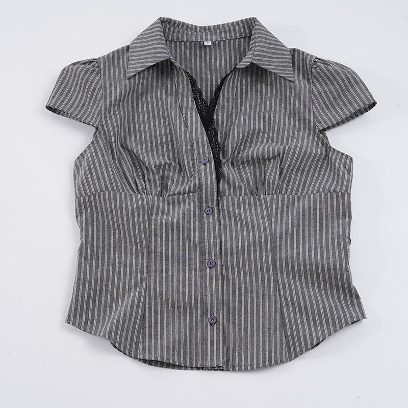Damen's short-sleeved blouse with elegant waist shape and fine stripes Mirla-Eva Jonsson