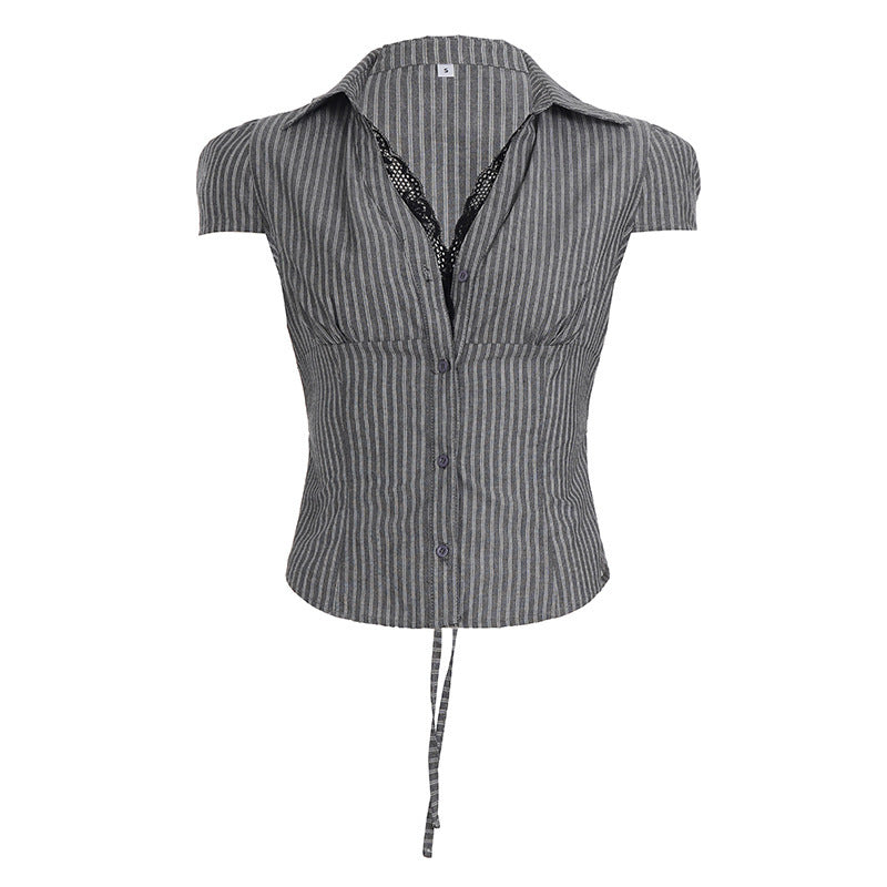 Damen's short-sleeved blouse with elegant waist shape and fine stripes Mirla-Eva Jonsson