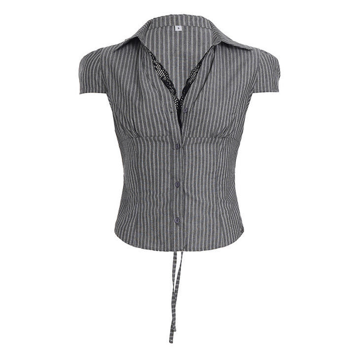 Damen's short-sleeved blouse with elegant waist shape and fine stripes Mirla-Eva Jonsson