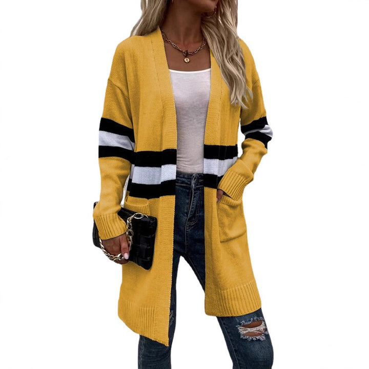 Damens stickad cardigan med sportiga ränder och öppna fickor Eva Jonsson-Eva Jonsson