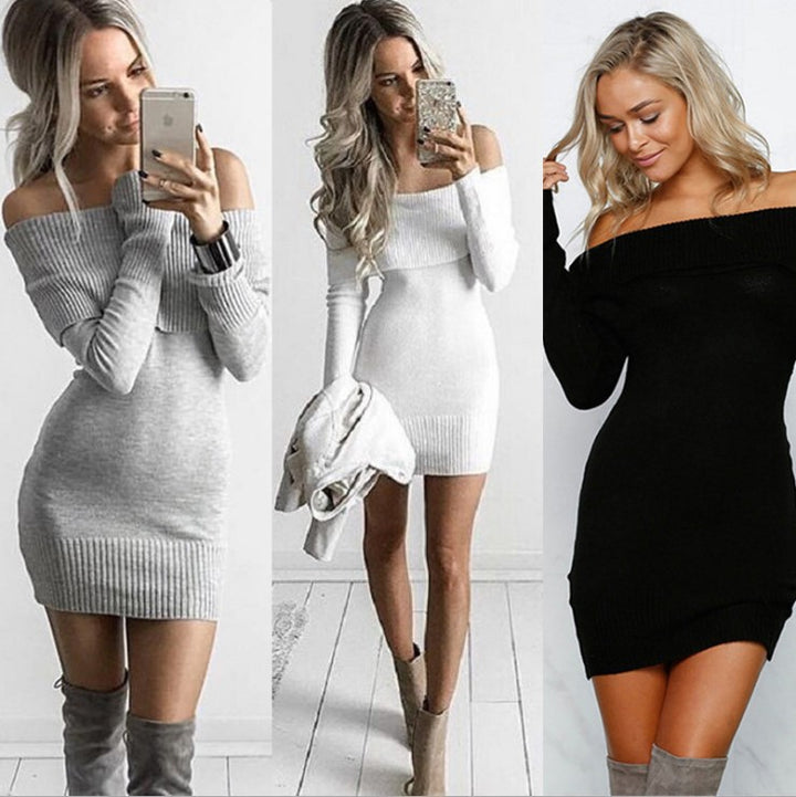 Damens stickad klänning med off-shoulder-design och dekorativ snodd Eva Jonsson-Eva Jonsson