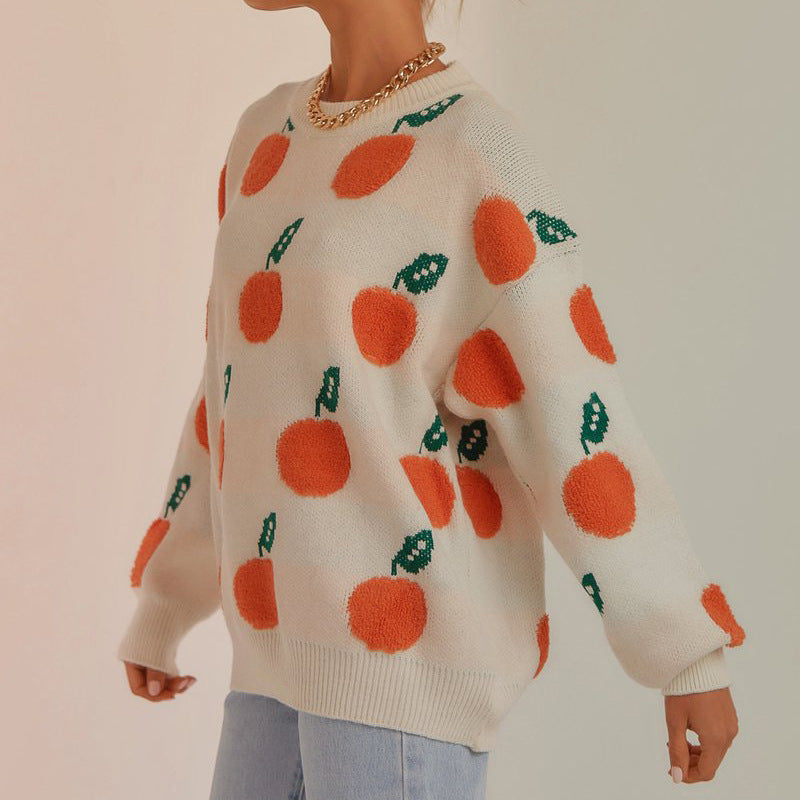 Damens stickad tröja med lekfullt fruktdesign Mirla-Eva Jonsson