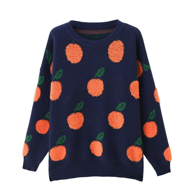 Damens stickad tröja med lekfullt fruktdesign Mirla-Eva Jonsson