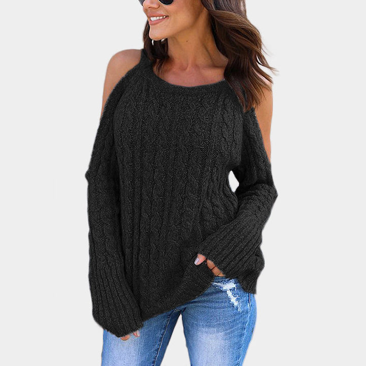 Damens stickad tröja med off-shoulder design och hög krage Eva Jonsson-Eva Jonsson