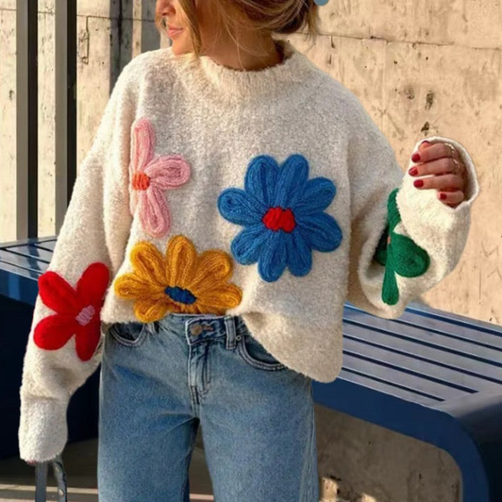 Damens stiliga tröja med blommigt strukturdesign Eva Jonsson-Eva Jonsson