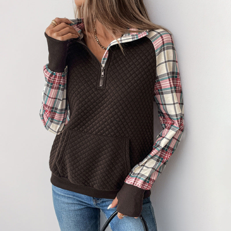 Damer ¼-ärmad sweatshirt med rutig detalj och bekväm passform Eva Jonsson-Eva Jonsson
