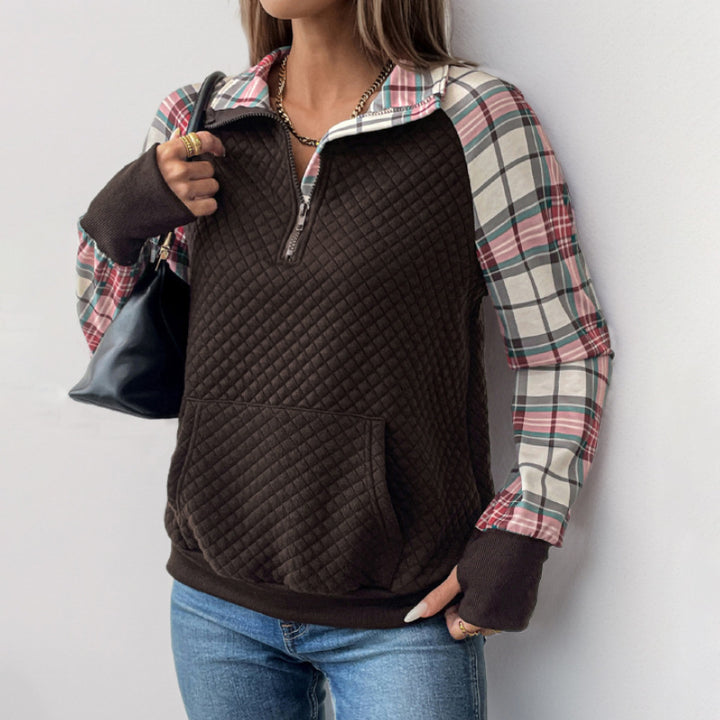 Damer ¼-ärmad sweatshirt med rutig detalj och bekväm passform Eva Jonsson-Eva Jonsson