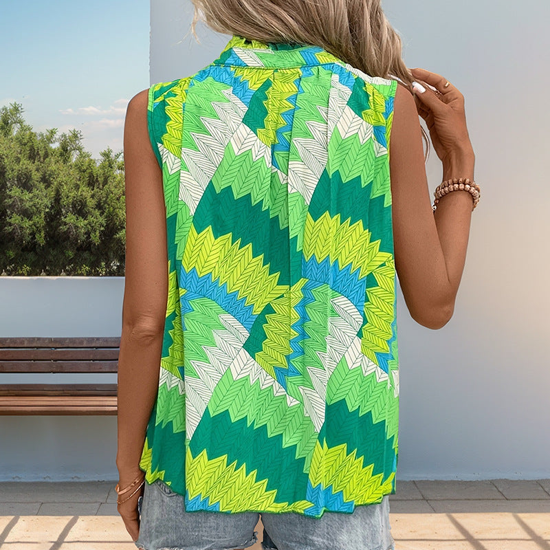 Damer Ärmlös Blus Topp med Modernt Knytdesign och Livligt Mönster Mirla-Eva Jonsson