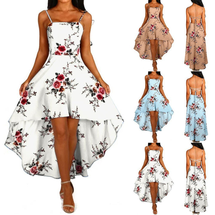 Damer Asymmetriskt Blommigt Klänning med Dekorativa Spaghettiband och Svängande Hems Mirla-Eva Jonsson