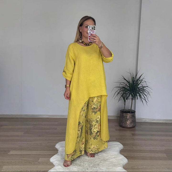 Damer Avslappnad Linneoutfit med asymmetrisk skärning Mirla-Eva Jonsson