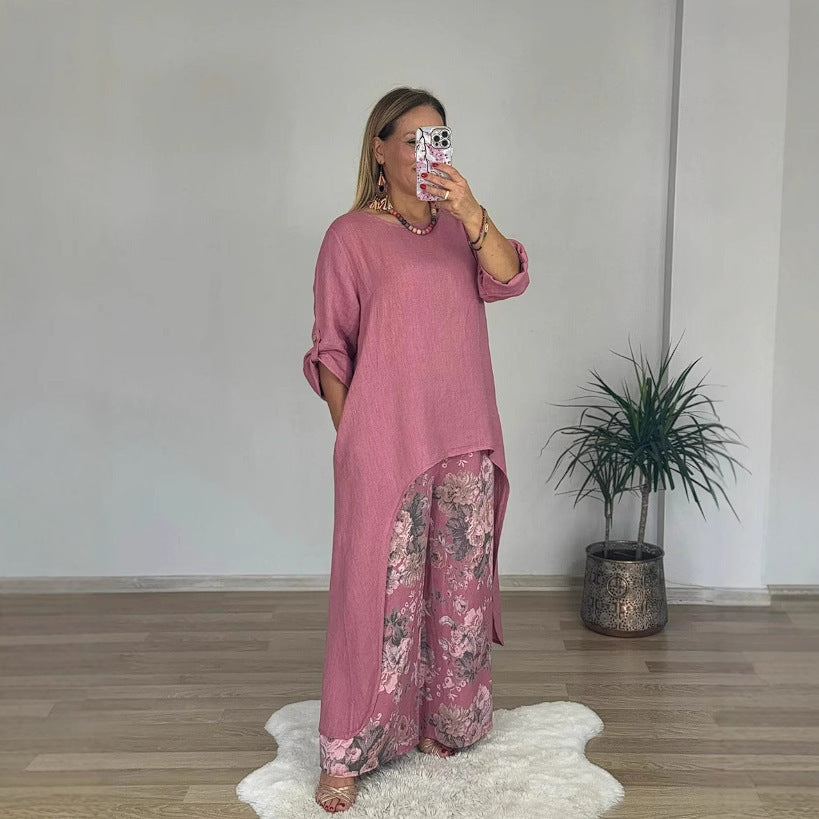 Damer Avslappnad Linneoutfit med asymmetrisk skärning Mirla-Eva Jonsson
