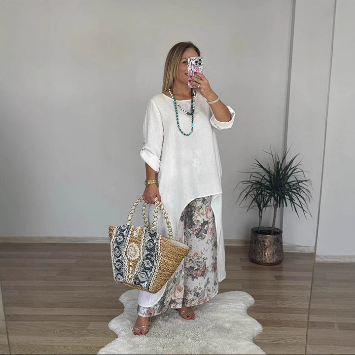 Damer Avslappnad Linneoutfit med asymmetrisk skärning Mirla-Eva Jonsson