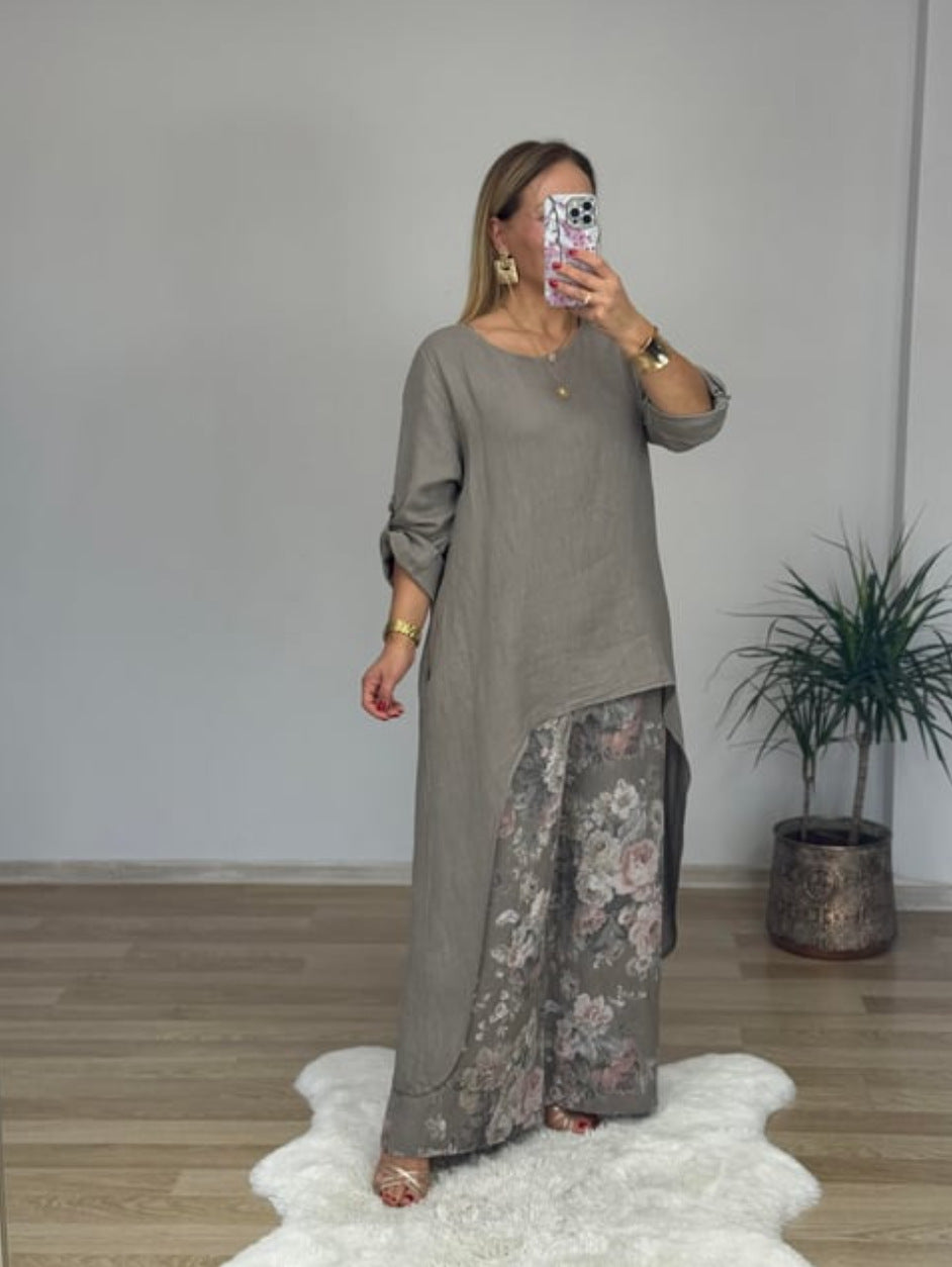 Damer Avslappnad Linneoutfit med asymmetrisk skärning Mirla-Eva Jonsson