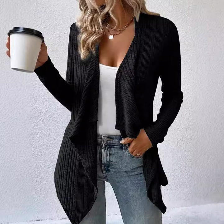 Damer Avslappnad Stickad Jacka med Asymmetrisk Fåll och Öppen Design Mirla-Eva Jonsson