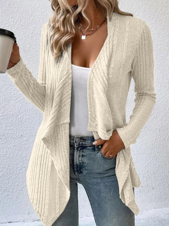 Damer Avslappnad Stickad Jacka med Asymmetrisk Fåll och Öppen Design Mirla-Eva Jonsson