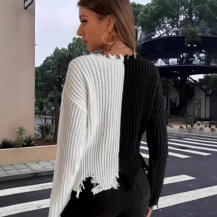 Damer Avslappnad Stickad Tröja med Asymmetrisk Design och Fransar Mirla-Eva Jonsson