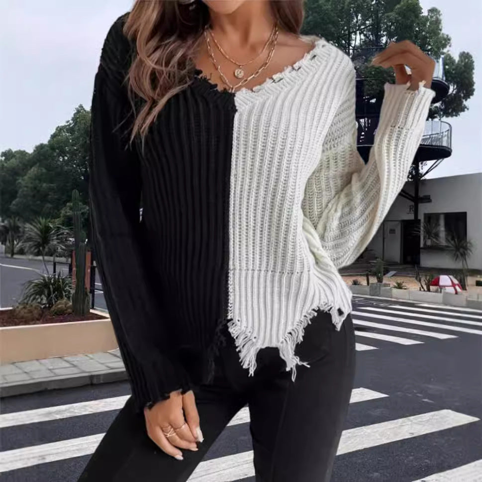 Damer Avslappnad Stickad Tröja med Asymmetrisk Design och Fransar Mirla-Eva Jonsson
