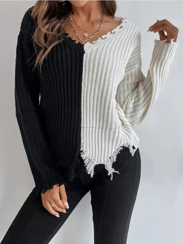 Damer Avslappnad Stickad Tröja med Asymmetrisk Design och Fransar Mirla-Eva Jonsson