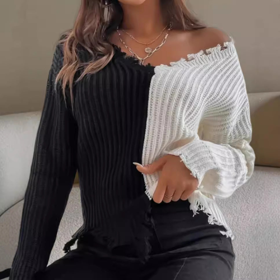 Damer Avslappnad Stickad Tröja med Asymmetrisk Design och Fransar Mirla-Eva Jonsson
