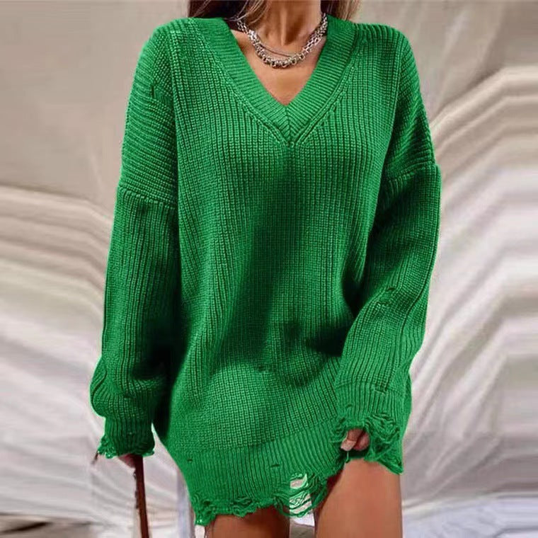 Damer Avslappnad Tröja i Oversized-Stil med V-ringning och Avslappnade Fransar Eva Jonsson-Eva Jonsson