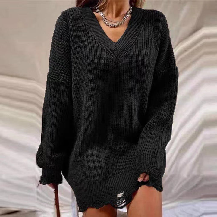 Damer Avslappnad Tröja i Oversized-Stil med V-ringning och Avslappnade Fransar Eva Jonsson-Eva Jonsson
