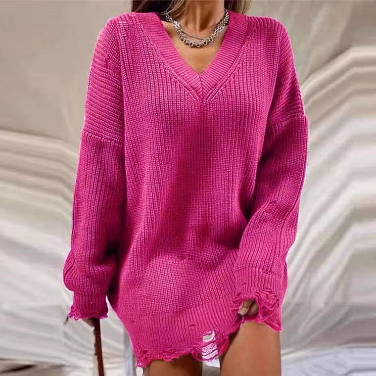 Damer Avslappnad Tröja i Oversized-Stil med V-ringning och Avslappnade Fransar Eva Jonsson-Eva Jonsson