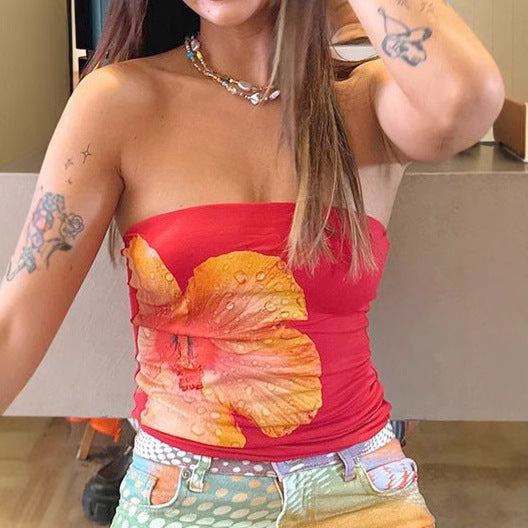 Damer Bandeau-top med stiliga blommönster och elastiskt midjeband Mirla-Eva Jonsson