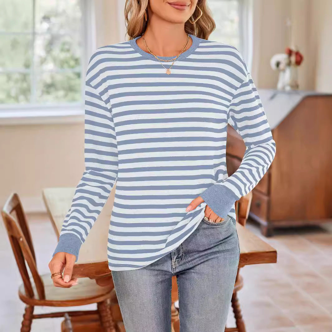 Damer Bekväm Långärmad T-shirt med Randig Design och Rund Halsringning Mirla-Eva Jonsson