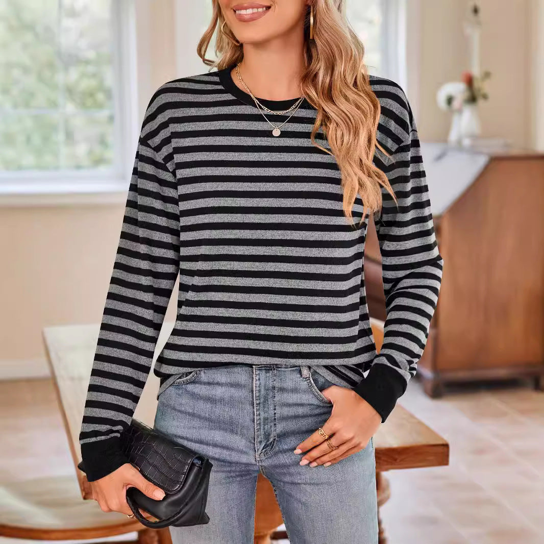 Damer Bekväm Långärmad T-shirt med Randig Design och Rund Halsringning Mirla-Eva Jonsson