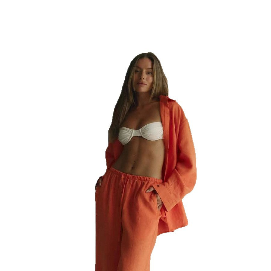 Damer Bekväm Linne-Loungewear-Set med vida byxor och avslappnad jacka Mirla-Eva Jonsson