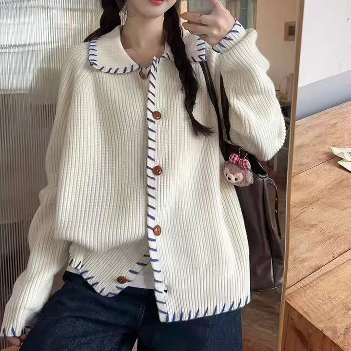Damer Bekväm Stickad Cardigan med kontrasterande Knappdetaljer och Stort Krage Eva Jonsson-Eva Jonsson