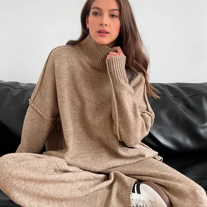 Damer Bekväm Stickad ensemble med hög krage och vida byxor Eva Jonsson-Eva Jonsson