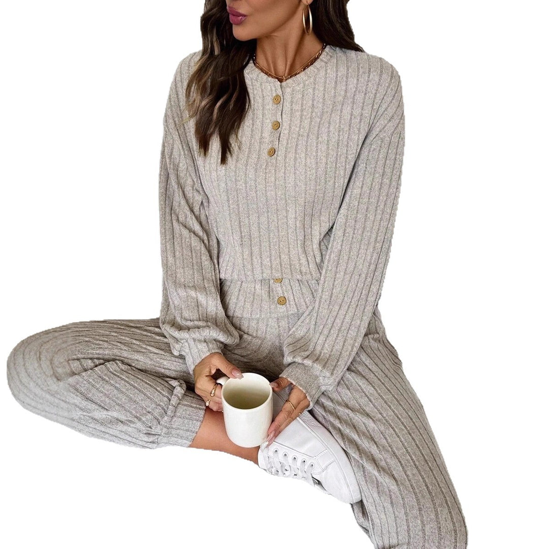 Damer Bekväma Ribbstickat Loungewear-set med Knappslå Mirla-Eva Jonsson