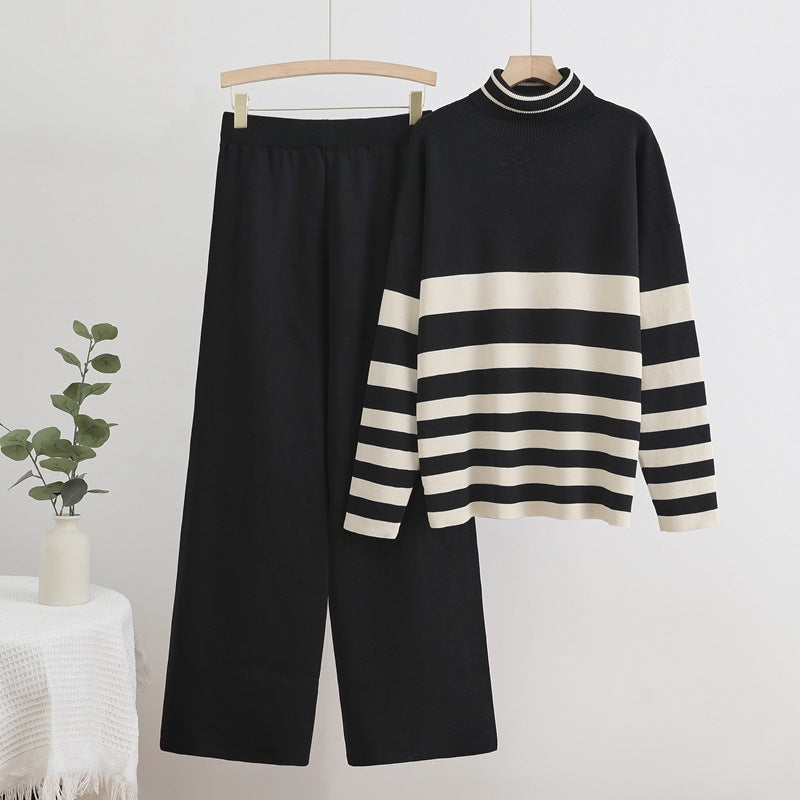 Damer Bekvämt Stickat Loungewear-Set med Hög Krage och Breda Ränder Mirla-Eva Jonsson