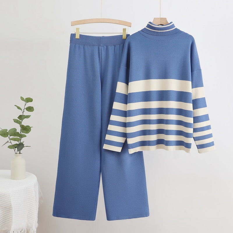Damer Bekvämt Stickat Loungewear-Set med Hög Krage och Breda Ränder Mirla-Eva Jonsson