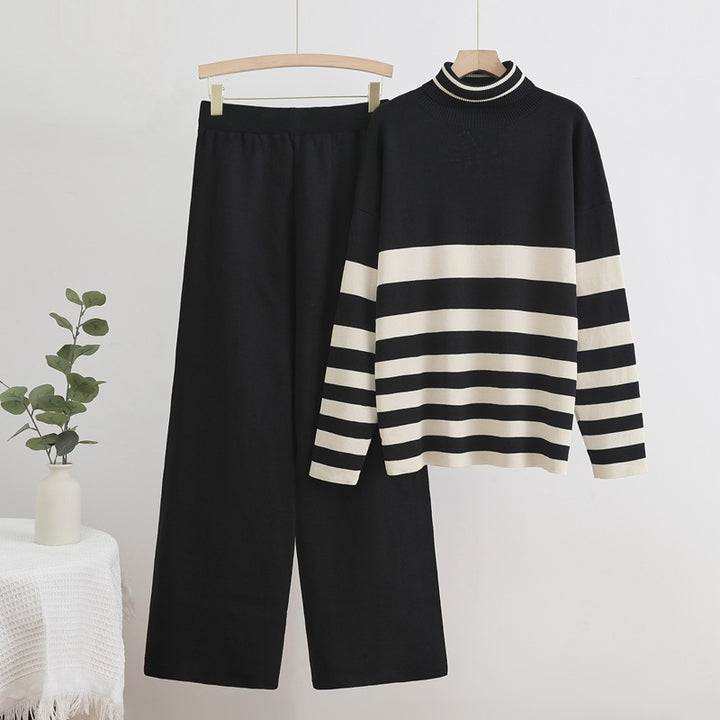 Damer Bekvämt Stickat Loungewear-Set med Hög Krage och Breda Ränder Mirla-Eva Jonsson