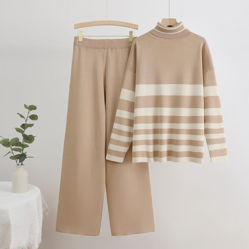 Damer Bekvämt Stickat Loungewear-Set med Hög Krage och Breda Ränder Mirla-Eva Jonsson