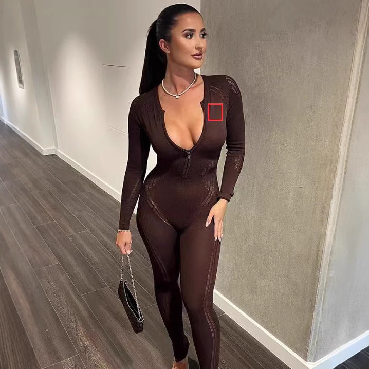 Damer Bodycon Jumpsuit med djup V-ringning och långa ärmar Mirla-Eva Jonsson