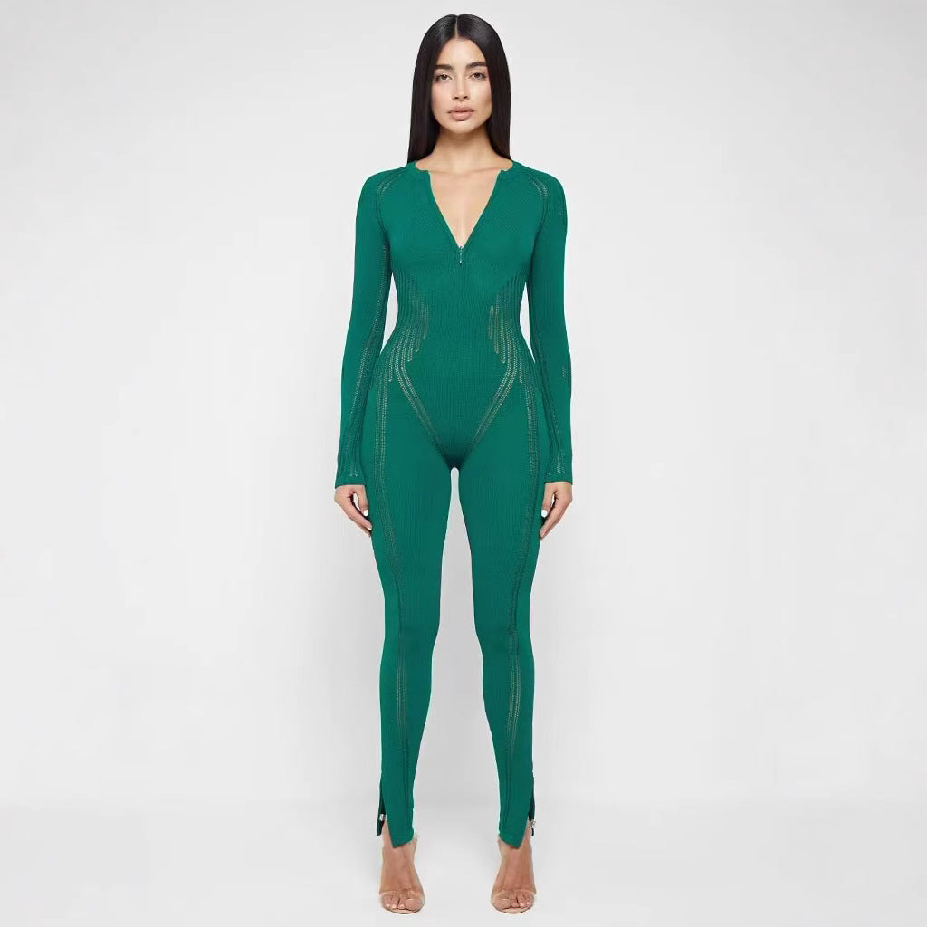 Damer Bodycon Jumpsuit med djup V-ringning och långa ärmar Mirla-Eva Jonsson