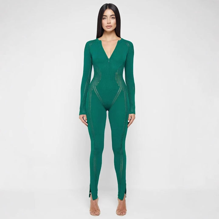 Damer Bodycon Jumpsuit med djup V-ringning och långa ärmar Mirla-Eva Jonsson