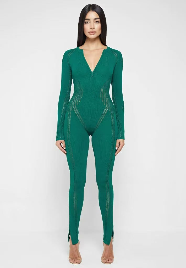 Damer Bodycon Jumpsuit med djup V-ringning och långa ärmar Mirla-Eva Jonsson