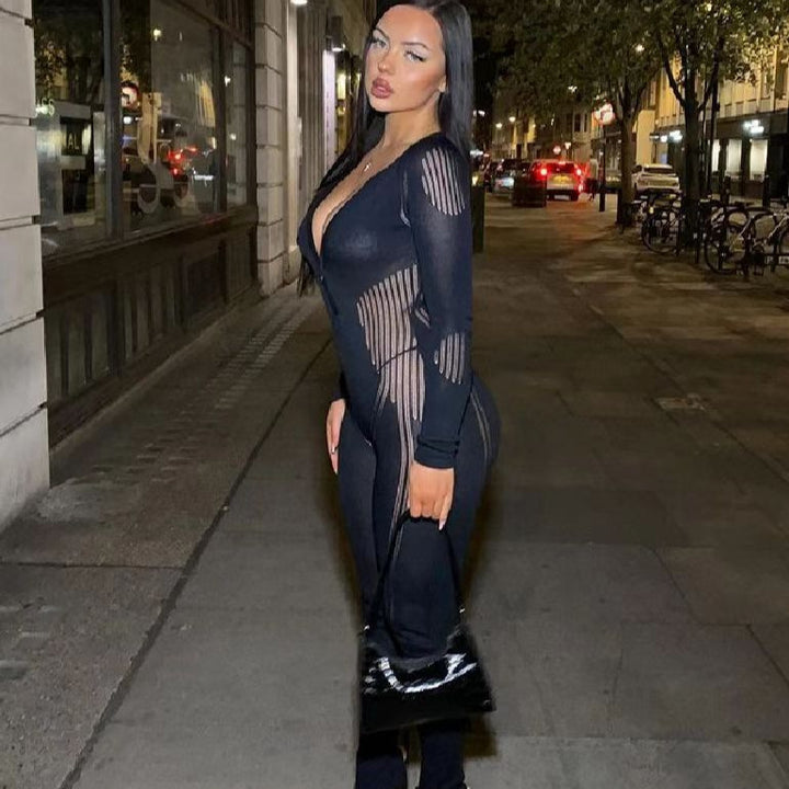 Damer Bodycon Jumpsuit med djup V-ringning och långa ärmar Mirla-Eva Jonsson
