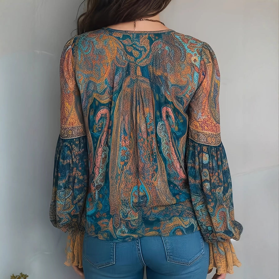 Damer Boho-Chic blus med flammiga ärmar och V-ringning Mirla-Eva Jonsson