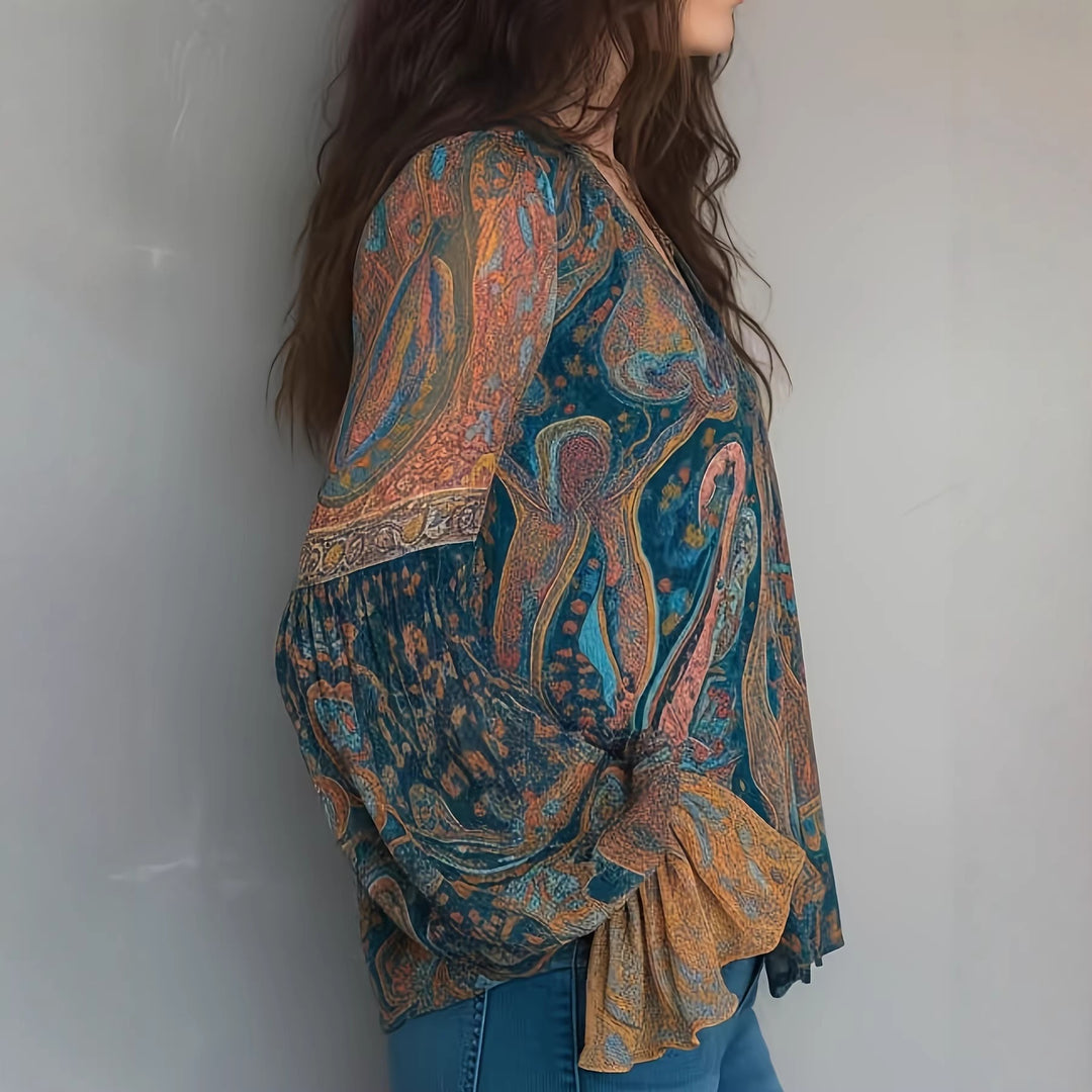 Damer Boho-Chic blus med flammiga ärmar och V-ringning Mirla-Eva Jonsson