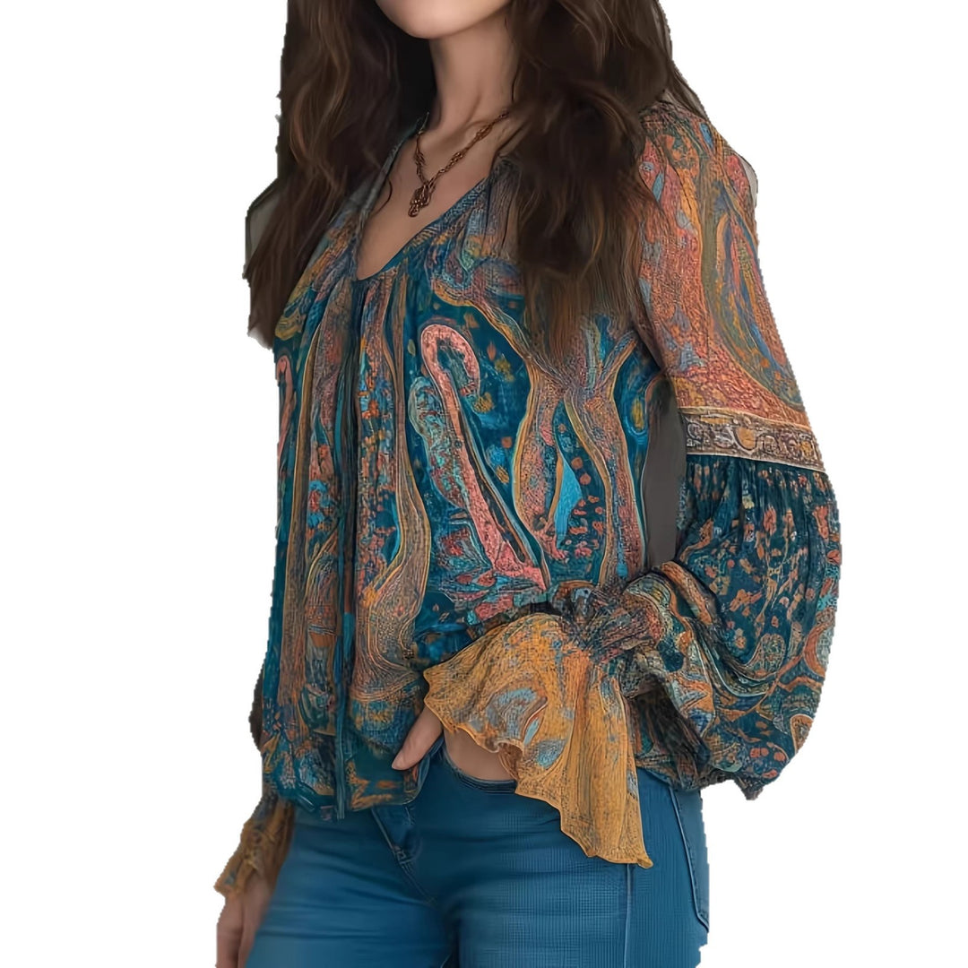 Damer Boho-Chic blus med flammiga ärmar och V-ringning Mirla-Eva Jonsson