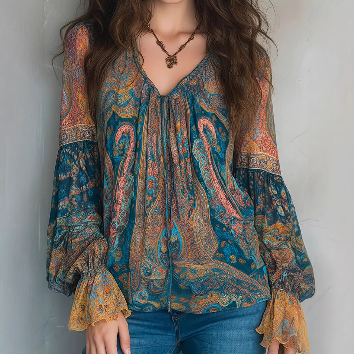 Damer Boho-Chic blus med flammiga ärmar och V-ringning Mirla-Eva Jonsson