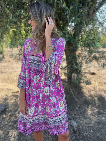 Damer Boho-Chic klänning med blommönster och knapplist Mirla-Eva Jonsson
