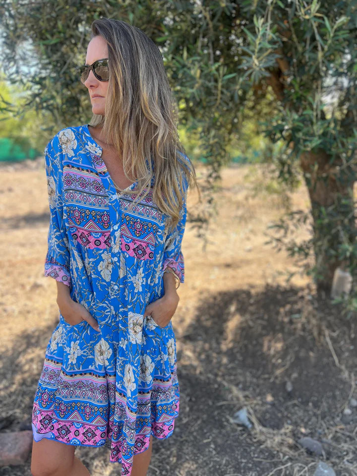 Damer Boho-Chic klänning med blommönster och knapplist Mirla-Eva Jonsson