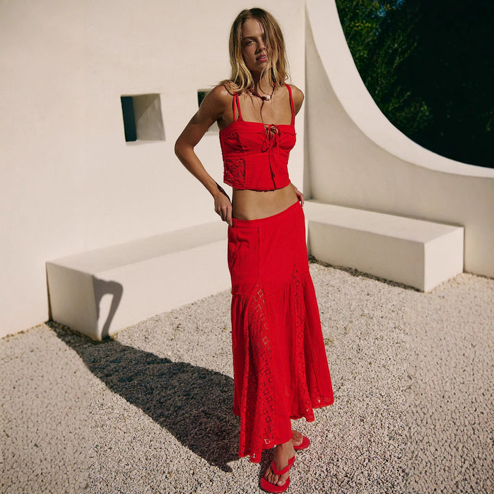 Damer Boho Crop-Top med spetsdetaljer och volangdetaljer Eva Jonsson-Eva Jonsson