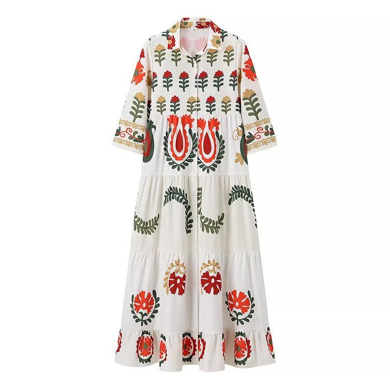 Damer Boho-inspirerat maxiklänning med blommönster och snyggt krage Mirla-Eva Jonsson
